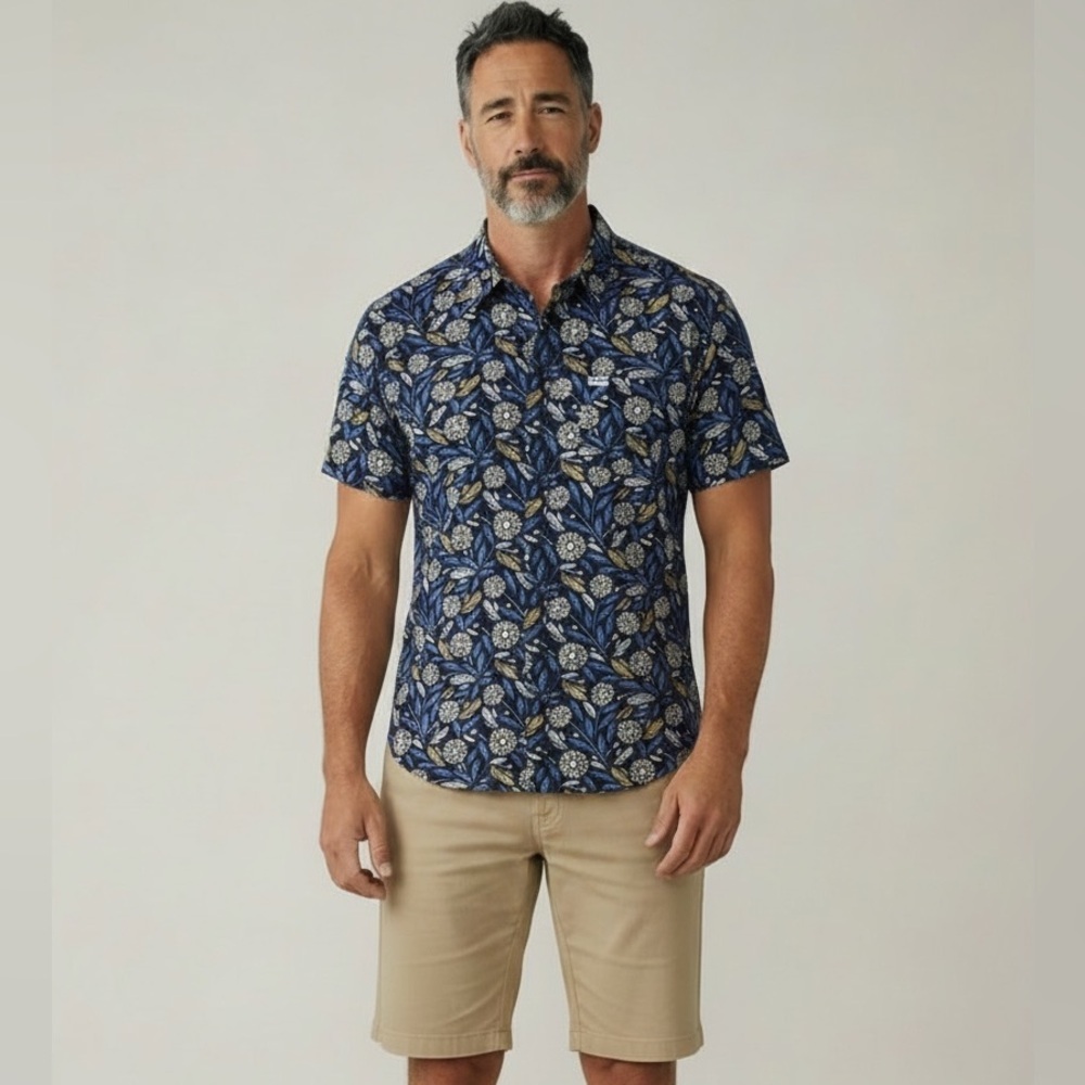 O'Neill Short Sleeve Button Down Sport Shirt Floral Leaf Beach Print Size L
